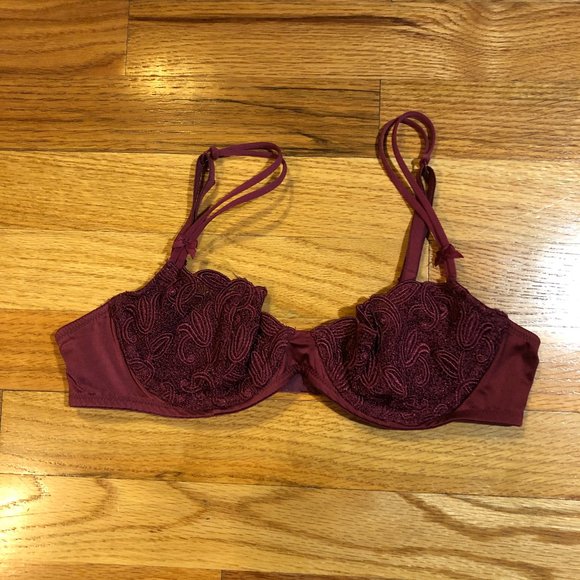 WOMENS VICTORIA'S SECRET BURGUNDY LACE BRA 34A - Picture 2 of 9